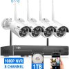 caméra de sécurité sans fil Hiseeu avec disque dur de 1 To avec audio unidirectionnel, 8 canaux NVR 4Pcs 1080P
