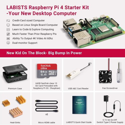 Alternative view of LABISTS Raspberry Pi 4 Modèle B 4 Go de RAM Kit de démarrage complet PRO avec carte Micro SD de 64 Go (4 Go de RAM)