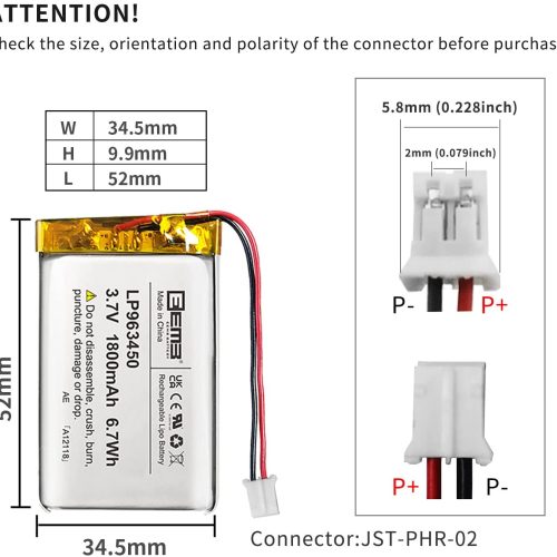 Alternative view of EEMB 3.7V 1800mAh Lipo Battery 963450 Batterie Li-ion Rechargeable Lithium Polymer ion Battery Pack avec connecteur JST (1)
