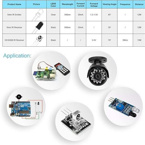 Diode LED Infrarouge 5 mm Émetteur + Récepteur + VS1838B 1838 Capteur Ray Vision Nocturne de 20 Ampoules d'Éclairage – Image 3