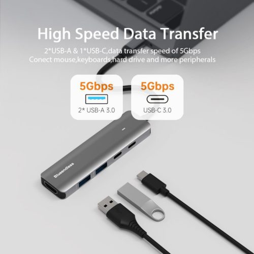 Hub USB-C 5 en 1 HDMI 4K – Adaptateur multiport avec USB 3.0 et Power Delivery en aluminium – Image 3