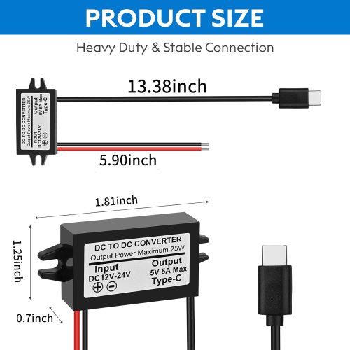Convertisseur abaisseur de tension USB-C 5 A 25 W DC 12 V/24 V vers 5 V, module de charge abaisseur d'interface Type-C, adaptateur secteur étanche – Image 3