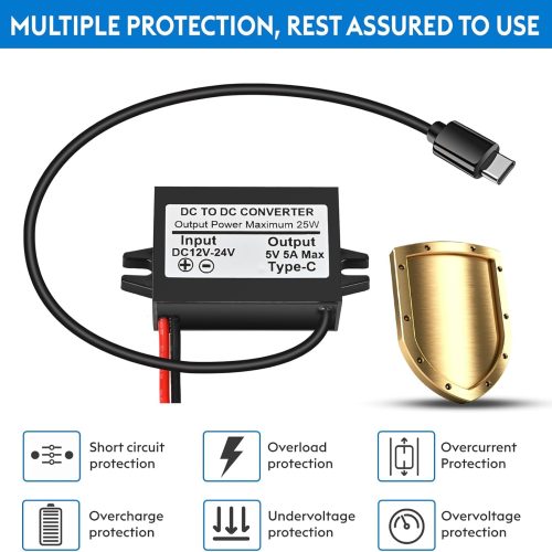 Convertisseur abaisseur de tension USB-C 5 A 25 W DC 12 V/24 V vers 5 V, module de charge abaisseur d'interface Type-C, adaptateur secteur étanche – Image 4