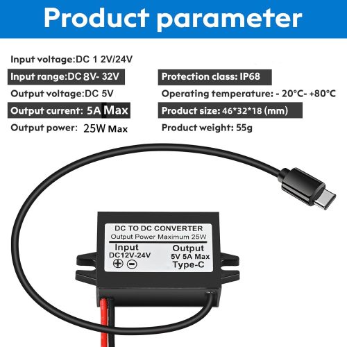 Convertisseur abaisseur de tension USB-C 5 A 25 W DC 12 V/24 V vers 5 V, module de charge abaisseur d'interface Type-C, adaptateur secteur étanche – Image 5