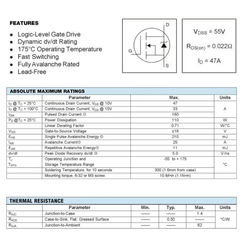 Transistor MOSFET IRLZ44N IRLZ44 47 A 55 V IRLZ44NPBF MOSFET à niveau logique 47 A 55 V TO-220 – Image 4