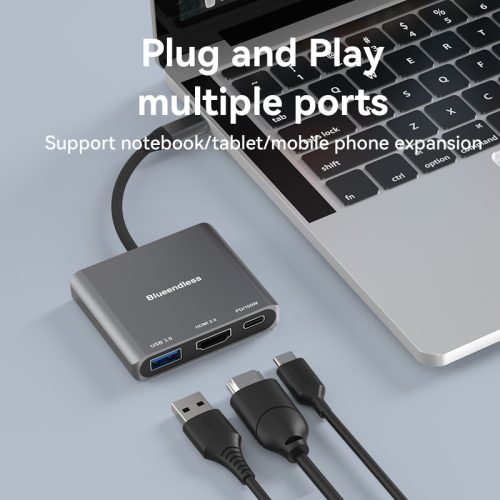 Blueendless HD301 Hub USB-C 3-en-1 – HDMI 4K 60Hz, USB 3.0 5Gbps et Power Delivery 100W en aluminium – Image 4