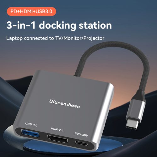 Blueendless HD301 Hub USB-C 3-en-1 – HDMI 4K 60Hz, USB 3.0 5Gbps et Power Delivery 100W en aluminium – Image 3